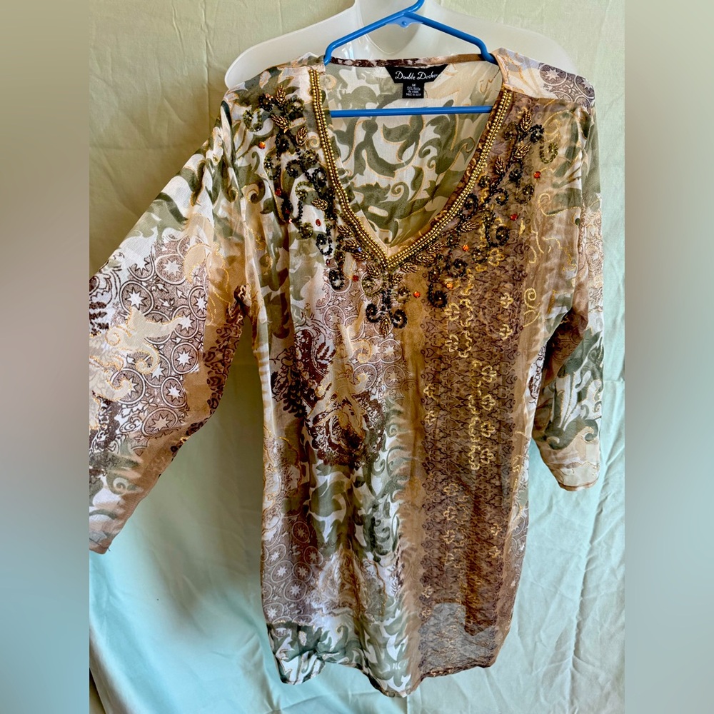 Beautiful sheer beaded tunic in earth tones